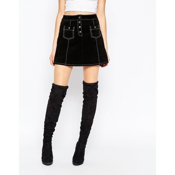 ASOS A-Line Suede Mini Skirt with Contrast Stitch and Button - Size 6 - Picture 12 of 12